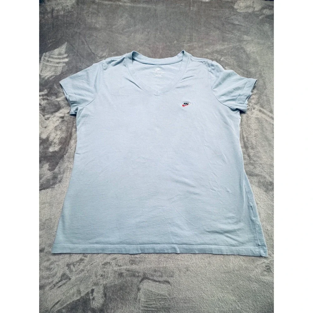 Nike The Nike Tee Womens XL Light Blue V Neck T Shirt Cotton Swoosh Logo